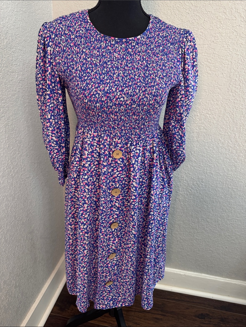 Robert Louis Purple Floral Smocked Long Sleeve Midi Dress with Buttons